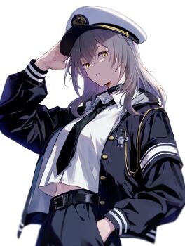 Rule 34 | 1girl, alternate costume, belt, belt collar, black belt, black jacket, black necktie, black pants, collar, collared shirt, commentary request, cowboy shot, grey hair, hand in pocket, hat, highres, honkai: star rail, honkai (series), jacket, kiro 233, long hair, long sleeves, midriff peek, military hat, military jacket, navel, necktie, open clothes, open jacket, pants, parted lips, shirt, simple background, solo, stelle (honkai: star rail), trailblazer (honkai: star rail), white background, white hat, white shirt, yellow eyes