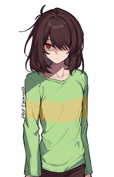 1other antenna_hair arms_at_sides brown_hair brown_pants closed_mouth collarbone commentary cowboy_shot deltanoodle deltarune english_commentary facing_viewer green_shirt hair_intakes hair_over_one_eye kris_(deltarune) long_sleeves looking_to_the_side medium_hair one_eye_covered other_focus pants red_eyes shaded_face shirt simple_background solo standing swept_bangs twitter_username two-tone_shirt utdr_(toby_fox) white_background yellow_shirt