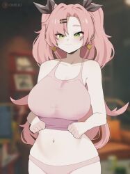 1girl alternate_costume animated black_ribbon blurry blurry_background bouncing_breasts breast_drop breasts closed_mouth clothes_lift earrings green_eyes hair_ribbon heart heart_earrings huge_breasts jewelry lifting_own_clothes long_hair mole mole_on_breast mole_under_eye navel nicole_demara nipples omeki panties pink_hair pink_panties ribbon shirt_lift smile solo stomach tagme two_side_up ugoira underwear video zenless_zone_zero