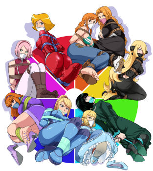 2025 6+girls absurdres ass bdsm bikini bleach blonde_hair blue_bodysuit blue_pants blue_rope bodysuit bondage bound breasts brown_hair cleave_gag cloth_gag clover_(totally_spies) color_wheel_challenge commentary cynthia_(pokemon) daphne_blake dress english_commentary fubuki_(one-punch_man) gag gagged glaring green_bikini green_dress green_eyes haruno_sakura highres improvised_gag kneeling knot_gag looking_at_viewer lost_one_zero lying matsumoto_rangiku metroid multiple_drawing_challenge multiple_girls nami_(one_piece) nami_(one_piece)_(return_to_sabaody) naruto_(series) nintendo one-punch_man one_piece orange_eyes orange_hair orange_nails over_the_nose_gag pants pantyhose pink_hair pokemon pokemon_dppt purple_dress purple_pantyhose red_bodysuit rope samus_aran scooby-doo shibari striped_bikini striped_clothes swimsuit thighs totally_spies zero_suit