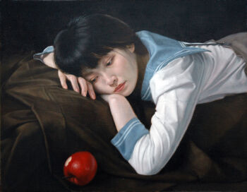 1girl apple arm_pillow asian black_eyes black_hair blue_sailor_collar closed_mouth commentary_request food fruit kaworu_(pixiv2055) looking_at_object lying oil_painting_(medium) on_stomach original painting_(medium) realistic red_lips sailor_collar sailor_shirt school_uniform shirt solo traditional_media upper_body white_shirt