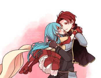 Rule 34 | 1boy, 1girl, 2025, aqua eyes, aqua hair, armor, arms around neck, black capelet, black shirt, blush, boots, breastplate, breasts, cape, capelet, carrying, commentary request, couple, eirika (fire emblem), face-to-face, fire emblem, fire emblem: the sacred stones, gloves, grey armor, hetero, high collar, long hair, long sleeves, miniskirt, nintendo, open mouth, parted bangs, pink background, princess carry, red boots, red eyes, red gloves, red hair, red shirt, sayu030b, seth (fire emblem), shirt, short hair, short sleeves, shoulder armor, skirt, small breasts, thigh boots, thighhighs, twitter username, two-tone background, watermark, white background, white skirt, yellow armor, yellow cape, zettai ryouiki