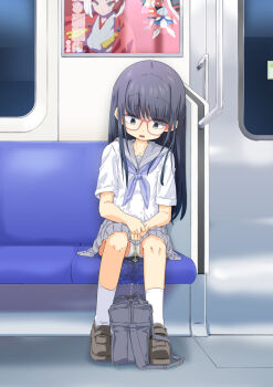 1girl bag bench between_legs black_eyes black_hair blue_neckerchief blush brown_shoes buttons cameltoe collarbone constricted_pupils door female_focus full_body glasses grey_sailor_collar grey_skirt hand_between_legs have_to_pee heijitsu_(paapuu) highres indoors loli long_hair looking_down miniskirt neckerchief open_mouth original own_hands_together panties pantyshot pee pee_stain peeing peeing_self pink_glasses pleated_skirt poster_(object) public_indecency red-framed_eyewear sailor_collar school_bag school_uniform seat serafuku shirt shoes short_sleeves sidelocks sitting skirt socks solo straight-on teeth train_interior underwear upskirt wet wet_clothes wet_panties white_panties white_shirt white_socks window