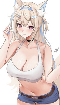 1girl :3 absurdres animal_ear_fluff animal_ears bandaid bandaid_hair_ornament black_choker blonde_hair blue_hair blue_hairband breasts choker cleavage closed_mouth commentary crop_top crossed_bangs denim denim_shorts dog_ears dog_girl dog_tail double-parted_bangs english_commentary fake_horns fuwawa_abyssgard hair_between_eyes hair_ornament hairband hairclip halterneck hand_up highres hololive hololive_english horn_hairband horns large_breasts long_hair looking_at_viewer multicolored_hair navel parallel_hairclips pink_eyes pynkmouth short_shorts shorts simple_background solo stomach streaked_hair tail tank_top thigh_gap two_side_up virtual_youtuber white_background white_tank_top