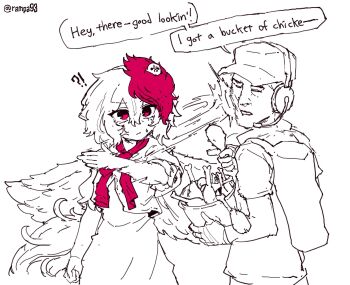 !? 1boy 1girl anger_vein animal animal_on_head bird bird_on_head chicken_(food) english_text food fried_chicken headset highres multicolored_hair niwatari_kutaka on_head partially_colored rampa93 red_eyes red_hair scout_(tf2) short_sleeves simple_background slapping speech_bubble tail team_fortress_2 touhou twitter_username two-tone_hair wings