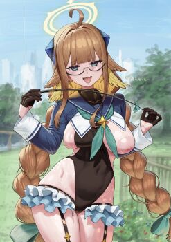 1girl absurdres ahoge areola_slip black_gloves black_leotard blue_archive blue_eyes blue_shrug blush braid breasts cameltoe covered_navel feather_hair frills glasses gloves half_gloves halo highleg highleg_leotard highres large_breasts leotard long_hair long_sleeves looking_at_viewer low_twin_braids maruko_tooto nipples one_breast_out open_mouth orange_hair riding_crop shimiko_(blue_archive) shimiko_(magical)_(blue_archive) shrug_(clothing) smile solo twin_braids very_long_hair
