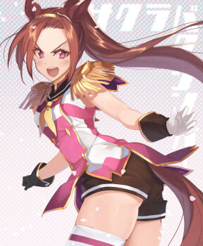 1girl aiguillette animal_ears asymmetrical_gloves black_gloves black_sailor_collar black_shorts brown_hair buttons character_name cherry_blossoms commentary cowboy_shot double-breasted epaulettes from_side gloves hairband highres horse_ears horse_girl horse_tail kabocha_(monkey4) leaning_forward long_bangs long_hair looking_at_viewer looking_back mismatched_gloves neckerchief open_mouth petals pink_eyes pink_shirt polka_dot polka_dot_background ponytail sailor_collar sailor_shirt sakura_bakushin_o_(blossom_in_learning)_(umamusume) sakura_bakushin_o_(umamusume) shirt short_shorts shorts sleeveless sleeveless_shirt smirk solo standing tail text_background thighhighs two-tone_shirt umamusume v-shaped_eyebrows white_gloves white_shirt white_thighhighs wind yellow_hairband yellow_neckerchief