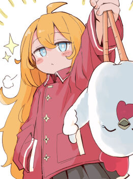1girl :< ahoge animal bird blonde_hair blue_eyes blush_stickers chicken closed_eyes closed_mouth collared_shirt commentary_request dress_shirt emphasis_lines grey_skirt hair_between_eyes highres holding holding_animal long_hair long_sleeves original pleated_skirt red_shirt shibainu_kisetsu shirt simple_background skirt solo sparkle tears upside-down very_long_hair white_background