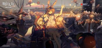 amiya_(arknights) animal_ears arknights bird blue_eyes camera click_(arknights) crown doctor_(arknights) dress ending ermengarde_(arknights) fremont_(arknights) goggles goggles_on_head hat highres holding holding_camera holding_smoking_pipe holding_weapon horns ines_(arknights) kal&#039;tsit_(arknights) long_hair looking_at_viewer mitm_(arknights) mudrock_(arknights) multiple_boys multiple_girls nymph_(arknights) official_art patriot_(arknights) pink_hair pointy_ears qui&#039;lon_(arknights) smoking_pipe texas_(arknights) texas_the_omertosa_(arknights) theresa_(arknights) theresis_(arknights) tin_man_(arknights) weapon white_dress witch_hat