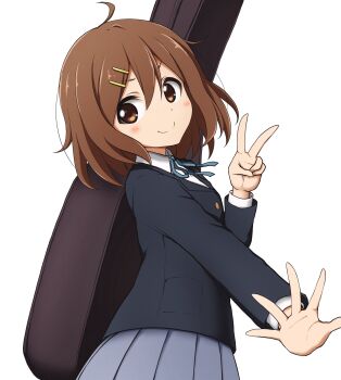 1girl blue_ribbon blush brown_hair choco_pisutatio closed_mouth feet_out_of_frame female_focus guitar_case hair_ornament hairclip hirasawa_yui holding instrument_case jacket k-on! long_sleeves looking_at_viewer ribbon sakuragaoka_high_school_uniform school_uniform shirt short_hair simple_background skirt smile solo standing v white_background white_shirt