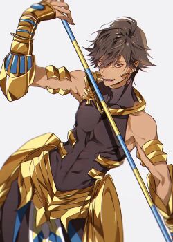 1boy :d ahoge ancient_egyptian_clothes arm_armor armor brown_hair commentary dark-skinned_male dark_skin earrings fate/grand_order fate/prototype fate/prototype:_fragments_of_blue_and_silver fate_(series) feet_out_of_frame grey_background highres holding holding_unworn_clothes holding_unworn_scarf jewelry kaa looking_at_viewer male_focus open_mouth ozymandias_(fate) ozymandias_(first_ascension)_(fate) scarf short_hair simple_background smile solo unworn_scarf yellow_eyes