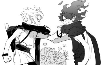 2boys 2girls angry arrow_(projectile) bad_id bad_twitter_id closed_eyes clothes_grab commentary cookie_run english_commentary fire_spirit_cookie from_side greyscale heart hug humanization inactive_account long_hair male_focus monochrome moonlight_cookie multiple_boys multiple_girls nana_(ebitokanimiso) painttool_sai_(medium) pointy_ears profile quiver sea_fairy_cookie short_hair sketch upper_body white_background wind_archer_cookie yaoi yuri