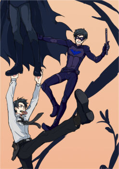 1boy animification batman_(series) belt black_hair black_mask black_necktie blue_eyes dc_comics dick_grayson domino_mask eye_mask holster mask mouth_hold multiple_persona necktie nightwing pants phenan police police_uniform policeman robin_(dc) shirt short_hair simple_background smile solo superhero_costume teeth_hold trust_me_(durarara!!) white_shirt young_justice