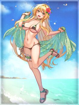 1girl bikini blonde_hair blue_sky breasts cloud creativerpg flower full_body green_eyes hair_flower hair_intakes hair_ornament koko_(koko3) large_breasts long_hair lowleg lowleg_bikini micro_bikini open-toe_shoes open_sarong original sanzenkai_no_avatar side-tie_bikini_bottom silver_choker sky smile solo standing standing_on_one_leg swimsuit thigh_strap very_long_hair