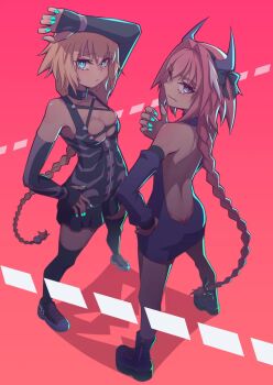 Rule 34 | 1boy, 1girl, arm above head, ass, astolfo (fate), backless dress, backless outfit, blonde hair, blue eyes, bow, braid, braided ponytail, breasts, butt crack, choker, cleavage, demon horns, detached sleeves, dress, fate/grand order, fate (series), fingerless gloves, gloves, hair bow, hand on own hip, hej 510, horns, jeanne d'arc (fate), latex, looking at viewer, looking back, medium breasts, pink eyes, pink hair, skindentation, skirt, thighhighs, trap