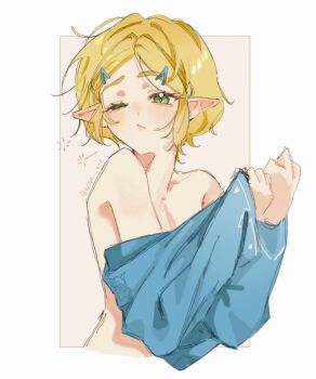 1girl arisu_art blonde_hair blue_tunic blush border braid champion's_tunic_(zelda) green_eyes long_hair nintendo pointy_ears princess_zelda shirt short_hair simple_background solo the_legend_of_zelda the_legend_of_zelda:_breath_of_the_wild tunic undressing upper_body white_border