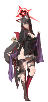 1girl absurdres animal_ear_fluff animal_ears black_hair black_kimono black_leotard black_skirt black_thighhighs blue_archive blunt_ends blush breasts cleavage colored_inner_hair commentary_request floral_print floral_print_kimono fox_ears fox_girl fox_tail halo highres japanese_clothes kimono kneehighs korean_commentary large_breasts leotard looking_at_viewer multicolored_hair open_clothes open_kimono open_mouth pink_socks pleated_skirt print_kimono red_hair red_halo single_kneehigh single_sock single_thighhigh skirt socks solo tail thigh_strap thighhighs torn_clothes torn_thighhighs two-tone_hair vam_(js_vam) wakamo_(blue_archive) yellow_eyes