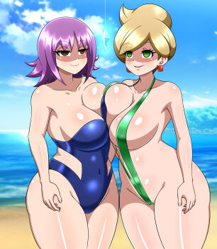2girls absurdres alternate_breast_size_(smaller) beach blonde_hair blue_one-piece_swimsuit blue_sky breast_press breasts breasts_squeezed_together earrings empty_eyes green_one-piece_swimsuit hand_on_own_hip highres hug hypnosis jewelry large_breasts looking_to_the_side mind_control multiple_girls nintendo ocean one-piece_swimsuit pendulum plump pokemon pokemon_(anime) pokemon_(classic_anime) pokemon_bw professor_ivy professor_juniper purple_hair shiny_clothes shiny_skin sky slingshot_swimsuit smile standing swimsuit water wide_hips yensh