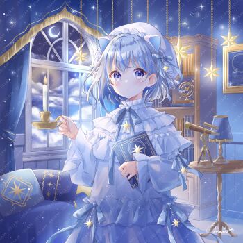 Rule 34 | 1girl, absurdres, animal ears, blue hair, blush, book, candle, cloud, colored inner hair, commentary request, crescent, curtains, fake animal ears, fire, frilled nightgown, grey hair, hat, highres, holding, holding book, hoshiibara mato, iriam, lamp, looking at viewer, miria (iriam), multicolored hair, nightcap, nightgown, official art, purple eyes, solo, streaked hair, table, telescope, watermark, white hat, white nightgown