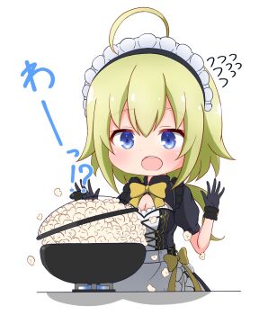 Rule 34 | 1girl, ahoge, amano soraha, apron, assault lily, baichi (ph4yvfsqyynkhnv), black dress, black gloves, blonde hair, blue eyes, blush, bow, bowtie, breasts, chibi, cleavage, commentary, cooking, dress, flying sweatdrops, food, frilled apron, frills, frying pan, gloves, hands up, highres, long hair, looking at food, low ponytail, maid, maid headdress, medium breasts, official alternate costume, open mouth, ponytail, popcorn, puffy short sleeves, puffy sleeves, short sleeves, solo, standing, stove, teeth, translated, upper body, upper teeth only, waist apron, white apron, yellow bow, yellow bowtie