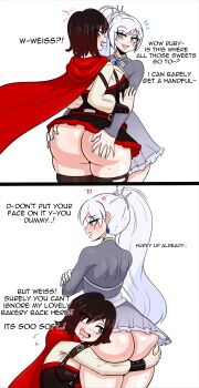 2girls absurdres anger_vein ass black_hair blue_eyes blush breasts cape crossed_arms drooling earrings english_text grey_eyes highres hood hooded_cape hug huge_ass jewelry kinathefox large_breasts long_hair long_sleeves multiple_girls nail_polish no_panties ponytail red_cape red_hair ruby_rose rwby scar scar_across_eye scar_on_face short_hair skirt smile thick_thighs thighhighs thighs tsundere weiss_schnee white_background yuri