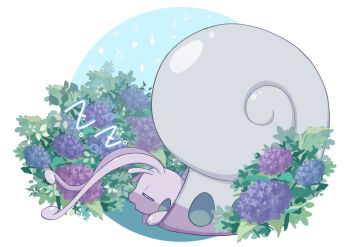 =_= bush closed_eyes commentary_request flower from_side highres hisuian_goodra nintendo no_humans open_mouth outdoors pokemon pokemon_(creature) pokemon_focus purple_flower rain shell sleeping solo toremes zzz