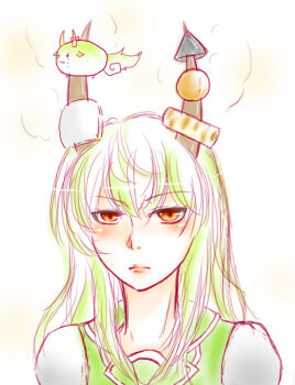 Rule 34 | 1girl, :3, arekkusu, bad id, bad pixiv id, blush, caved (touhou), chikuwa, completely unamused, ex-keine, female focus, food, green hair, horn ornament, horn ribbon, horns, impaled, kamishirasawa keine, kamishirasawa keine (hakutaku), multicolored hair, oden, orange eyes, ribbon, solo, sukusuku hakutaku, tears, touhou, unamused, white hair
