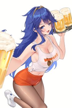 1girl :d beer_mug blue_eyes blue_hair breasts cleavage commentary_request commission cup fire_emblem highres holding holding_tray hooters lucina_(fire_emblem) matrix16 medium_breasts mug nintendo open_mouth pantyhose pixiv_commission short_shorts shorts smile solo tank_top tray white_tank_top