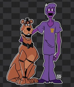arm_around_neck artist_name black_bow black_bowtie bow bowtie checkered_background colored_skin dog five_nights_at_freddy&#039;s five_nights_at_freddy&#039;s_(2023_movie) freddy_fazbear full_body highres non-humanoid_robot open_mouth percodine purple_hair purple_shirt purple_skin robot robot_animal robot_dog scooby-doo scooby-doo_(character) shaggy_rogers shirt teeth william_afton