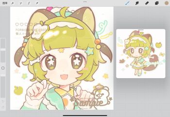 1girl :d ;3 ahoge animal_ears art_program_in_frame blunt_bangs blush_stickers bone_hair_ornament chibi closed_mouth commentary dot_nose dress fanqiealxe green_dress green_eyes green_hair hair_ornament hands_up highres long_sleeves looking_at_viewer multiple_views one_eye_closed open_mouth original portrait procreate_(medium) procreate_(software) sample_watermark short_hair smile standing star-shaped_pupils star_(symbol) symbol-only_commentary symbol-shaped_pupils tail watermark