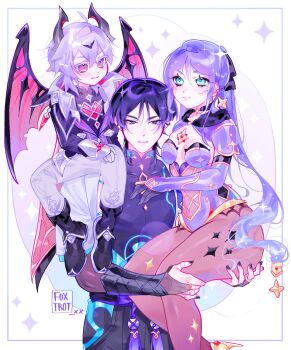 1girl 2boys alternate_hairstyle armor artist_name artistic_error black_bodysuit black_boots black_choker black_coat black_gloves black_horns black_nails black_shirt black_shorts blue_eyes blue_kimono blue_sleeves blunt_ends bodystocking bodysuit boots bow breasts bridal_gauntlets bright_pupils brooch brown_bridal_gauntlets brown_pantyhose carrying carrying_person chest_jewel choker choppy_bangs closed_mouth clothing_cutout coat collared_coat commentary covered_collarbone covered_navel cross-shaped_pupils detached_sleeves dragon_boy dragon_horns dragon_wings durin_(genshin_impact) ear_piercing earrings elbow_gloves english_commentary facial_mark family forehead_mark foxtrot_(foxtrot_xx) gem genshin_impact glint gloves glowing_markings gold_earrings gold_ring grey_eyes hair_between_eyes hair_bow hair_intakes hand_on_another's_ass hand_on_another's_leg hand_on_own_chest hand_on_own_knee heart-shaped_gem high_ponytail highres hip_vent horns japanese_armor japanese_clothes jewelry juban kimono kote kurokote layered_sleeves leotard long_hair looking_at_another looking_at_viewer mandarin_collar middle_ring mona_(genshin_impact) multiple_boys open_clothes open_coat open_collar open_kimono pants pantyhose piercing pink_lips pink_wings ponytail ponytail_holder purple_bow purple_hair purple_leotard purple_rope purple_sash purple_sleeves purple_vest red_eyes red_gem rope sash scaramouche_(genshin_impact) shirt short_eyebrows short_sleeves shorts shoulder_peek sidelocks sitting_on_shoulder slit_pupils small_breasts smile star_(symbol) star_brooch star_choker star_earrings symbol-shaped_pupils tassel thick_thighs thighs tsurime undershirt very_long_hair vest wanderer_(genshin_impact) white_kimono white_pants white_pupils white_sleeves wings