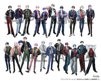 6+boys :< ^_^ adjusting_clothes adjusting_eyewear ahoge aizawa_shinobu_(break_my_case) arima_kiho arm_at_side arm_behind_back arms_behind_head belt black_belt black_hair black_jacket black_necktie black_pants black_shoes blonde_hair blue-tinted_eyewear blue_eyes blue_hair blue_jacket blue_necktie blue_pants blue_scarf blue_shirt blue_shoes bomber_jacket bowl_cut break_my_case brown_eyes brown_hair brown_jacket brown_scarf brown_shoes closed_eyes closed_mouth collared_jacket collared_shirt copyright_notice crew_neck cross-laced_shoes curtained_hair date_yukimura denim denim_jacket dress_pants dress_shoes earrings everyone expressionless eyewear_hang finger_to_mouth full_body fushimi_shizuka glasses green-tinted_eyewear green_eyes green_hair green_jacket green_necktie green_pants green_scarf green_shirt grey_eyes grey_hair grey_jacket grey_necktie grey_pants grey_shirt grin hair_between_eyes half_updo hand_in_pocket hand_on_own_chin hand_on_own_hip hand_on_own_neck hand_up hinomiya_akehoshi holding holding_removed_eyewear ichikawa_haruhi jacket jewelry kamiya_(break_my_case) kanno_yuragi kise_yuzuru kosaka_ai lapels lariat_(necklace) leather leather_jacket letterman_jacket lineup loafers long_hair long_sleeves looking_at_viewer male_focus manami_urara mikado_takeru_(break_my_case) monk_shoes multicolored_hair multiple_boys necklace necktie niina_yu notched_lapels official_art okiya_sei onda_tomose open_clothes open_collar open_jacket own_hands_together pants parted_bangs parted_lips pink_hair pink_jacket pink_pants pink_shirt pink_shoes plaid_clothes plaid_shirt polka_dot polka_dot_shirt purple_eyes purple_hair purple_jacket purple_pants purple_shirt red_eyes red_jacket red_necktie red_pants red_shirt roots_(hair) sample_watermark scarf shidou_kyouya shinkai_soyogu shirt shoes short_bangs short_hair shushing sidelocks simple_background smile sneakers standing steepled_fingers sunglasses suou_roka swept_bangs tassel tassel_earrings tateshina_riku tinted_eyewear track_jacket track_pants tsukimoto_taiga turtleneck turtleneck_shirt ugonba_(howatoro) ukyou_mao undercut unworn_eyewear v very_short_hair watermark waving white_background white_jacket white_shirt white_shoes wolf_cut yashiro_tougo yellow_eyes yellow_shirt