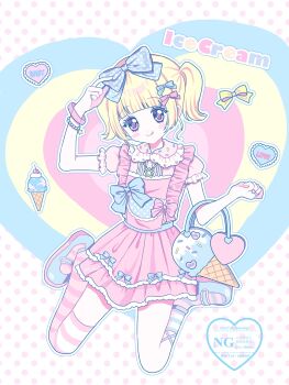 1girl bag blonde_hair blue_bow blue_shoes bow commentary_request dress fairy_kei food food-themed_bag full_body hair_bow handbag heart highres ice_cream jewelry looking_at_viewer mary_janes necklace original pastel_colors pink_dress pink_eyes shoes short_hair side_ponytail sitting smile solo sprinkles tongue tongue_out wariza watermark yume_kawaii yuni_(s_ribbon)