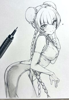 1girl art_tools_in_frame blush braid breasts bun_cover china_dress chinese_clothes commentary_request dress graphite_(medium) greyscale gundam gundam_00 heart highres leaning_forward long_hair looking_at_viewer medium_breasts monochrome photo_(medium) seishun_dendeke solo standing traditional_media very_long_hair wang_liu_mei