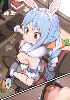 1girl accidental_exposure animal_ear_fluff animal_ears armpit_crease black_gloves black_leotard black_pantyhose blue_hair blush braid breasts carrot_hair_ornament chair close-up closed_mouth commentary_request computer don-chan_(usada_pekora) downblouse food-themed_hair_ornament from_above full_body fur-trimmed_gloves fur_scarf fur_trim gloves hair_ornament highres hololive indoors lemon_snail leotard long_hair looking_down minecraft multicolored_hair nipple_slip nipples no_bra orange_eyes paid_reward_available pantyhose puffy_nipples rabbit-shaped_pupils rabbit_ears rabbit_girl rabbit_tail scarf short_eyebrows sitting small_breasts solo strapless strapless_leotard symbol-shaped_pupils tail thick_eyebrows translation_request twin_braids twintails two-tone_hair usada_pekora usada_pekora_(1st_costume) used_tissue virtual_youtuber white_hair white_scarf window