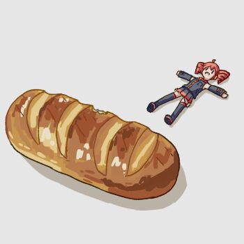 1girl baguette black_boots black_shirt black_skirt black_sleeves boots bread detached_sleeves drill_hair food food_focus full_body grey_background kasane_teto kasane_teto_(utau) long_sleeves lying medium_hair miniskirt nonounno on_back open_mouth pleated_skirt red_hair shirt simple_background skirt smile solo spread_eagle_position thigh_boots twin_drills utau