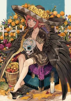 1girl apple aqua_eyes banana bare_legs basket black_sandals box brown_dress brown_hat brown_wings calavera candle cempoalxochitl circe_(event_portrait)_(fate) circe_(fate) cobblestone collarbone dia_de_muertos doily dress facepaint fate/grand_order fate_(series) feathered_wings feet fence flower food fruit full_body hand_up hat hat_flower highres holding holding_skull jewelry kozukue_(estsuk) large_hat legs looking_at_viewer marigold multicolored_eyes nail_polish no_socks on_box open_mouth orange_flower outdoors picket_fence pink_eyes pink_hair pink_nails plant platform_sandals pointy_ears print_dress purple_flower sandals short_dress short_hair short_sleeves sitting sitting_on_box skull smile solo sombrero thighlet toenail_polish toenails toes triangle_print two-tone_eyes two-tone_wings wings wooden_fence yellow_flower