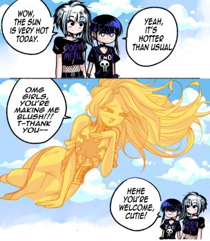 Rule 34 | 3girls, :3, :d, arm support, black eyes, black hair, blunt bangs, bracelet, choker, clothes writing, crop top, doom-metal-girl (grs-), earrings, emo-girl (grs-), english text, grs-, highres, jewelry, jitome, looking down, looking up, multiple girls, navel, open mouth, original, personification, pun, raised eyebrows, shirt, short hair, short hair with long locks, smile, smug, spiked bracelet, spiked choker, spikes, t-shirt, white hair