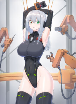 1girl absurdres android armpits arms_up black_gloves black_leotard black_thighhighs bound bound_wrists breasts cable covered_navel cowboy_shot elbow_gloves gloves green_eyes grey_hair hair_between_eyes highleg highleg_leotard highres joints large_breasts leotard long_hair looking_at_viewer machine maxilax mecha_musume mechanical_arms original parted_lips restrained robot_joints science_fiction solo standing thighhighs