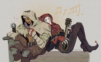 2boys armor bandaged_arm bandaged_hand bandages black_pants breastplate brown_gloves brown_pants cape closed_eyes closed_mouth crossed_legs darkest_dungeon drbakt film_grain flower gloves half_mask hat highres holding holding_flower holding_instrument hood hood_up hooded_cape instrument jester_(darkest_dungeon) jester_cap jester_shoes knees_up lavender_(flower) leaning leaning_on_person leather_armor leper_(darkest_dungeon) lute_(instrument) male_focus mask multiple_boys music musical_note pants partially_fingerless_gloves patchwork_clothes plant playing playing_instrument red_gloves red_shawl shawl single_glove sitting smile spiked_armor spikes sword twitter_username weapon white_cape white_hood white_mask