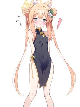 Rule 34 | 1girl, animal ears, blonde hair, blue archive, blue eyes, breasts, cardcat 00, china dress, chinese clothes, commentary request, double bun, dress, hair bun, halo, highres, korean commentary, looking at viewer, mari (blue archive), simple background, small breasts, solo, standing, twintails, white background, yellow halo