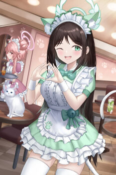 absurdres airi_(blue_archive) alternate_costume animal_ear_fluff animal_ears apron blue_archive blush bow brown_hair cafe cat cat_ears cat_girl cat_tail closed_mouth dress green_bow green_dress green_eyes green_halo gyeonyu_art hair_bun halo heart heart_hands highres holding holding_tray long_hair looking_at_another looking_at_viewer maid maid_apron maid_headdress natsu_(blue_archive) one_eye_closed open_mouth pink_dress pink_hair pink_halo red_eyes short_sleeves sidelocks tail teeth thighhighs tray upper_teeth_only white_thighhighs
