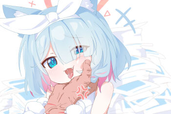 +++ 1boy 1girl anger_vein angry animal_ear_fluff animal_ears arona_(blue_archive) bare_shoulders blue_archive blue_eyes blue_hair blunt_bangs blush bow braid bright_pupils cat_ears cat_girl colored_inner_hair commentary eyes_visible_through_hair fang furrowed_brow gacha_(game_mechanic) hair_bow hair_over_one_eye halo hand_on_another's_chin kemonomimi_mode laughing loli long_bangs looking_at_viewer multicolored_hair needle_(574187457) paper_stack pink_hair pink_halo portrait pov pov_hands saliva saliva_trail sensei_(blue_archive) short_hair simple_background single_braid smile smug solo_focus tongue tongue_out two-tone_hair veins veiny_hands white_background white_bow