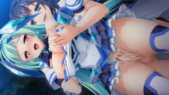 1futa 1girl :d aqua_eyes aqua_hair black_hair blue_eyes blush breasts breasts_out censored chest_jewel clothing_aside cum cum_in_pussy dutch_angle exs-tia_aqua floating_headgear futa_with_female futanari game_cg gloves gluteal_fold grabbing_another&#039;s_breast grabbing_from_behind green_hair groping headgear hetero josou_seme kamitsurugi_ouka kouyoku_senki_exs-tia_concert kunijima_chiaki large_breasts large_variant_set leotard leotard_aside long_hair magical_girl mosaic_censoring night nipples non-web_source official_art open_mouth outdoors penis pussy pussy_juice red_eyes sex sex_from_behind shiny_skin short_hair skirt smile thighhighs torn_clothes torn_skirt vaginal variant_set very_long_hair wauri_(exs-tia_concert) white_gloves