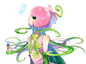 Rule 34 | bare shoulders, bug, butterfly, digimon, digimon (creature), dress, flat chest, green hair, green wings, highres, insect, lilimon, long hair, looking up, pink dress, plant, plant hair, solo, upper body, vines, wings, youzaiyouzai112