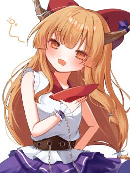 1girl bare_arms blue_skirt blush bow chain commentary cup drooling drunk frilled_wristband hair_bow holding holding_cup horns ibuki_suika long_hair looking_to_the_side low_twintails mouth_drool oni red_bow sakazuki shirt simple_background siomi_403 skirt sleeveless sleeveless_shirt smile solo squeans touhou twintails very_long_hair white_background white_shirt