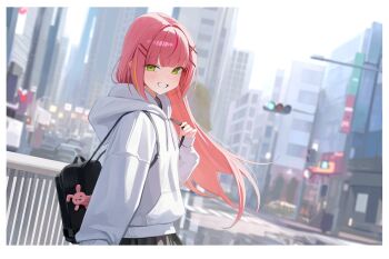 1girl animal_charm arm_at_side backpack bag bag_charm black_bag blurry blurry_background border building character_charm charm_(object) city commentary day depth_of_field drawstring dutch_angle floating_hair from_side green_eyes grin hair_ornament hairclip hanako_nana hand_up highres hood hood_down hoodie long_hair long_sleeves looking_at_viewer looking_to_the_side multicolored_hair outdoors parallel_hairclips peto_(hanako_nana) pink_hair road sky skyscraper smile solo stellive straight_hair streaked_hair street sunj000 traffic_light turning_head virtual_youtuber white_border white_hoodie white_sky x_hair_ornament
