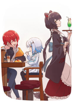 :d :t ^_^ absurdres ange_katrina ange_katrina_(5th_costume) animal_ears animal_hair_ornament ankle_boots apron arm_rest asada7101 banken_(inui_toko) bar_stool black_jacket black_thighhighs blue_hair blue_necktie blue_pants blush boots border breasts brown_boots brown_collar brown_hair brown_kimono cafe closed_eyes closed_mouth collar colored_tips commentary_request crossed_bangs crossed_legs cup denim dog_ears dog_girl dog_tail drinking_glass drinking_straw eating elbow_rest food food_art frilled_apron frilled_skirt frills from_side gradient_background grey_background hair_between_eyes hair_ornament hairpin hand_on_own_cheek hand_on_own_face hand_on_table hand_up head_rest highres holding holding_tray ice_cream ice_cream_float inui_toko inui_toko_(1st_costume) jacket japanese_clothes jeans kimono lize_helesta lize_helesta_(7th_costume) long_hair long_skirt long_sleeves looking_back low_ponytail maid maid_headdress melon_soda miniskirt multicolored_hair multiple_hairpins necktie nijisanji obi obiage obijime off_shoulder omelet omurice open_clothes open_jacket open_mouth orange_jacket pants pleated_skirt ponytail profile puffy_long_sleeves puffy_sleeves purple_eyes red_hair red_skirt sanbaka_(nijisanji) sash serving shirt short_hair short_necktie single_sidelock sitting skirt small_breasts smile sparkling_eyes stool streaked_hair table tail tail_under_clothes teeth thighhighs tray two-sided_fabric two-sided_jacket two-tone_hair upper_teeth_only utensil_in_mouth very_long_hair virtual_youtuber wa_maid waist_apron walking white_apron white_background white_boots white_border white_hair white_headdress white_jacket white_shirt white_skirt yellow_eyes