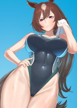 1girl alternate_costume animal_ears bare_shoulders black_one-piece_swimsuit blue_background breasts brown_hair commentary_request covered_navel cowboy_shot frown hair_between_eyes hand_on_own_hip highleg highleg_one-piece_swimsuit highres holding holding_towel horse_ears horse_girl horse_tail large_breasts multicolored_hair one-piece_swimsuit ponytail red_eyes simple_background sirius_symboli_(umamusume) solo streaked_hair sweat swimsuit tail towel umamusume v-shaped_eyebrows white_hair zenchou24cm