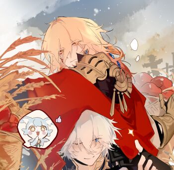 Rule 34 | 2boys, antenna hair, apple, armlet, armor, basket, black choker, black coat, black gloves, black shirt, blonde hair, blue eyes, braid, cape, chinese commentary, choker, clawed gauntlets, coat, commentary request, earrings, facial tattoo, fingerless gloves, food, fruit, gloves, gold earrings, gradient hair, highres, honkai: star rail, honkai (series), jewelry, male focus, medium hair, multicolored hair, multiple boys, mydei (honkai: star rail), neck tattoo, one eye closed, parted bangs, pauldrons, phainon (honkai: star rail), red cape, red hair, red tattoo, shirt, short hair, shoulder armor, shuangluozhifenghua, side braid, single pauldron, sun symbol, sun tattoo, tan, tattoo, wheat field, white coat, white hair, yellow eyes